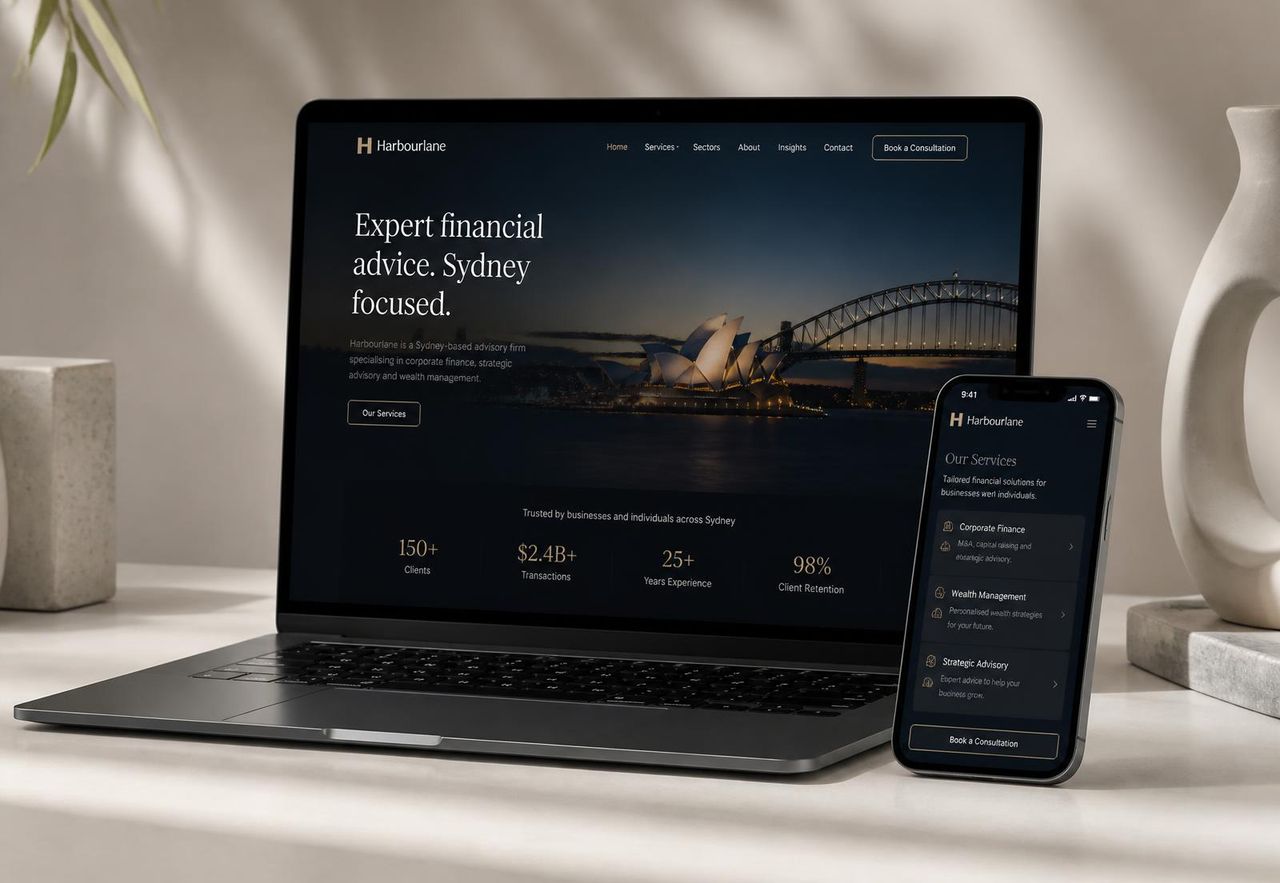 Professional services website mockup by Crafted Web Co shown on laptop and phone with subtle screen text